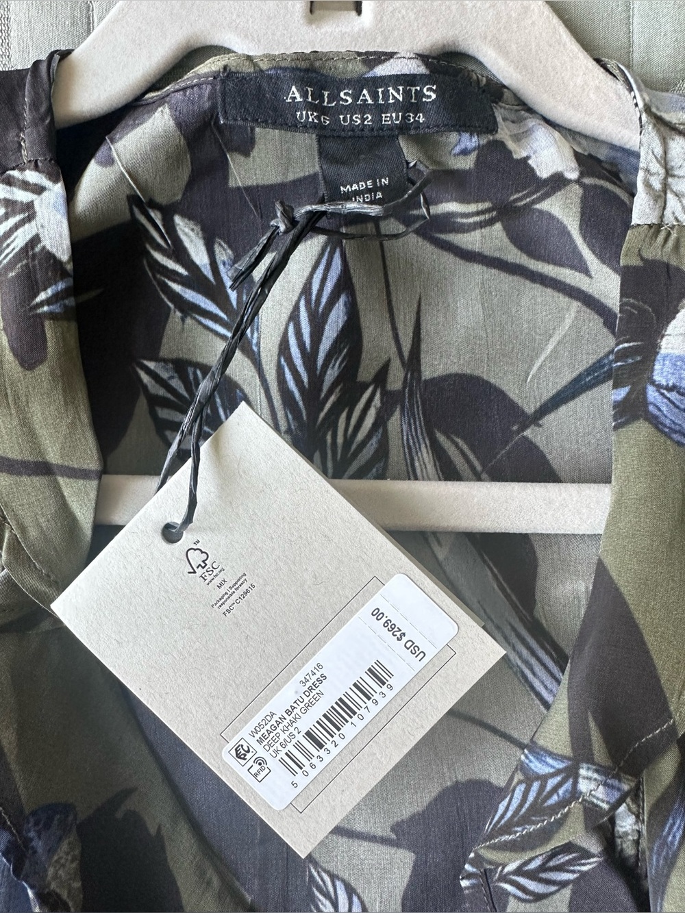 AllSaints Olive and Blue Floral High-Low Wrap Dress - Picture 6 of 6